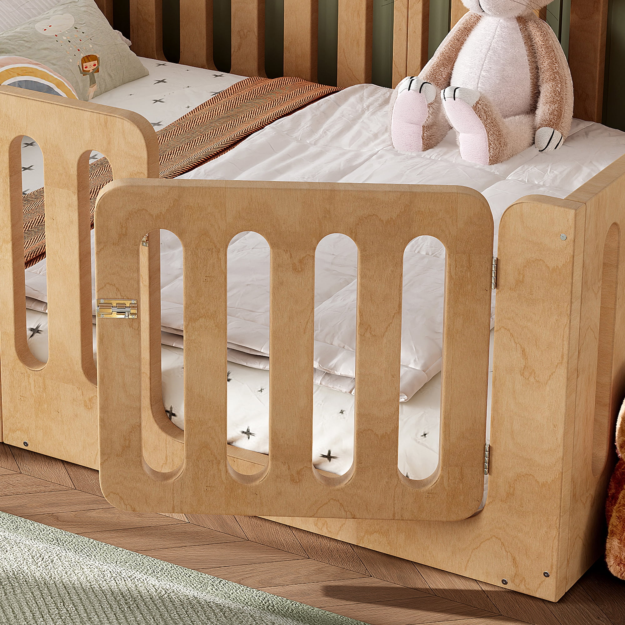 Floor Bed with Safety Rails and Door, Queen Solid Wood Platform Bed and Montessori Style Bed Frame for Bedroom, Natural