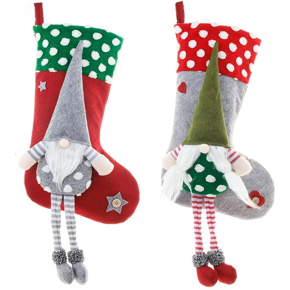 17.7Inch Christmas Stocking, 2Pcs Multicolor 3D Xmas Faceless Gnome Santa Doll Non-Woven Stockings Xmas Sock Gift Bag Stocking Ornaments for Christmas Tree Fireplace Party Holiday Decor