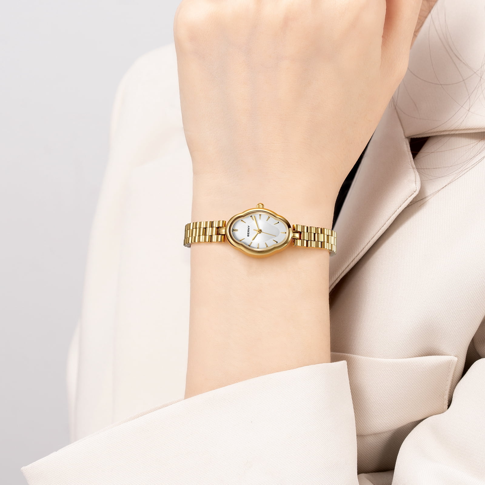 BERNY Small Gold Watches for Women Dainty Vintage Ladies Analog Quartz Bracelet Watch, Adjustment Tool Included Stainless Steel Waterproof, Fashion Luxury Womens Wrist Watches Gifts (White)