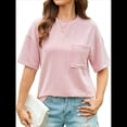 thumbnail image 2 of Blusa de Verano de Corta para Mujer, Estilo Túnica Básica Informal con Cuello Redondo Texturizado y Gran Tamaño Rosa L, 2 of 10