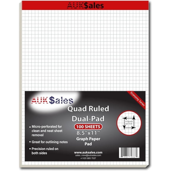 Graph Paper Legal Pads 8.5” x 11”, 100 Sheets, 1 Pack – Quad Ruled Dual Pad, ¼ Inch Grid Paper Pad – Ideal Graph Paper Note pad 8.5 x 11 for College, Office, Drafting Paper, Writing, Memo Pad