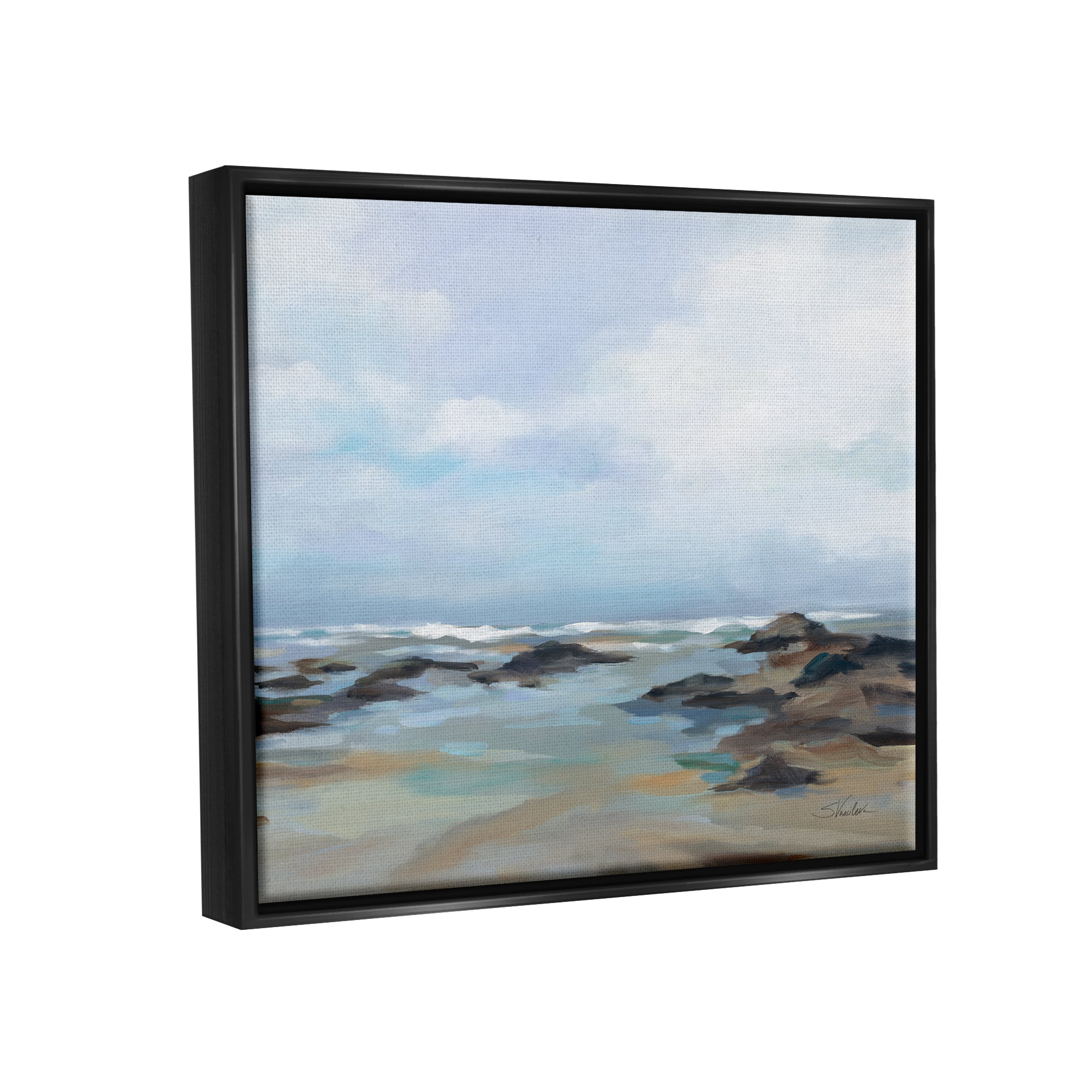 Stupell Industries Morning Beach Painting Nature Painting Black Floater Framed Art Print Wall Art, 21 x 17