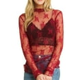 thumbnail image 2 of Red Long Sleeve Shirts for Women's 2026 Mesh Crop Top Long Sleeve Mock Neck Lace Floral See Through Y2K Shirt Blouses Fashion Clothing, 2 of 5