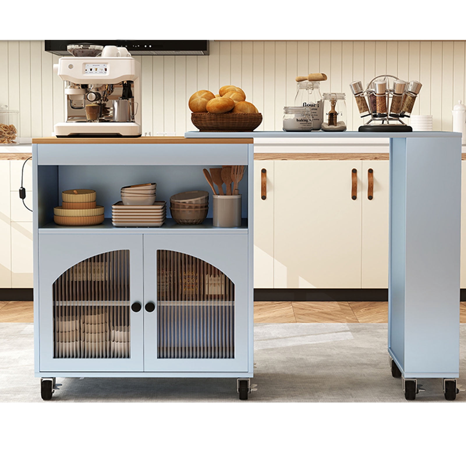 Kitchen Island, 2 Fluted Glass Doors MDF Lockable Wheels LED Light 2 USB Ports Kitchen Storage Cart  For Apartment