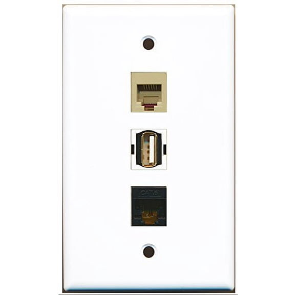 RiteAV - 1 Port USB A-A and 1 Port Phone RJ11 RJ12 Beige and 1 Port Cat6 Ethernet Black Wall Plate