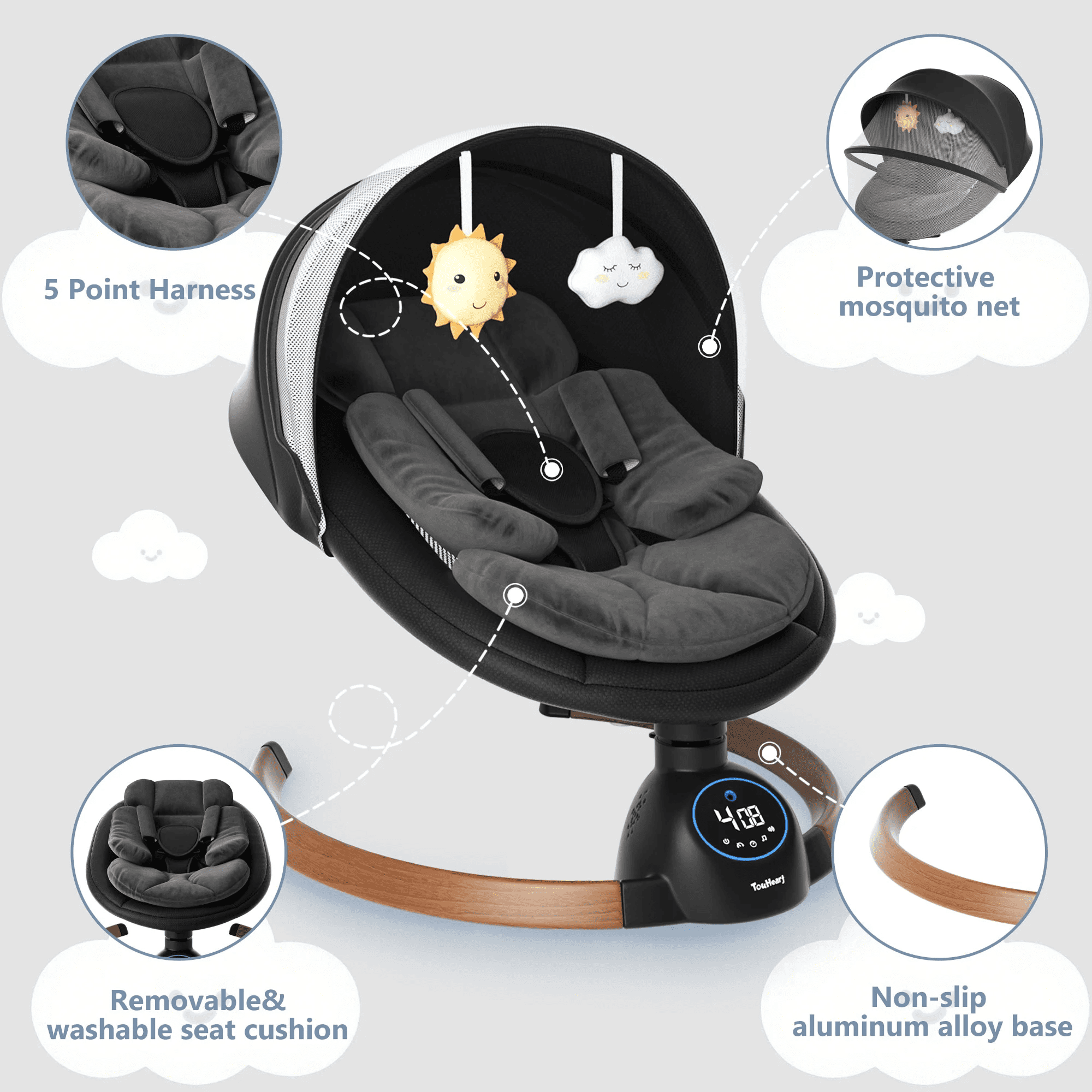 TouHeart Electric Baby Swing, Infant Rocker with Bluetooth & Remote,5 Speeds,10 Lullabies,3 Timing, Black