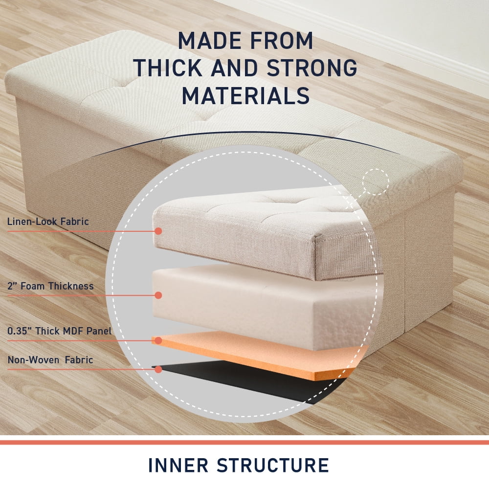 Ornavo Home Foldable Tufted Linen Large Storage Ottoman Bench Foot Rest Stool/Seat - 15" x 43" x 15"