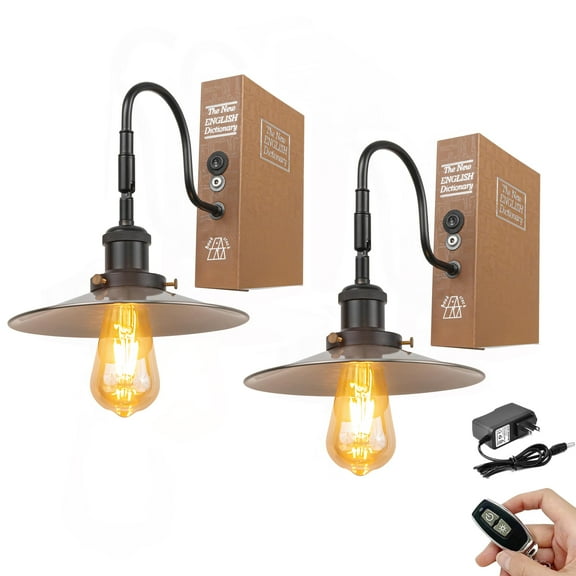 Kiven Cordless Bookshelf Lamp, Set of 2 Rechargeable Bookcase Lighting with Nickel Iron Lampshade, Farmhouse Decorative Bookend, Cordless Table Lamp for Bedside Bookshelf Cabinet Home Decor