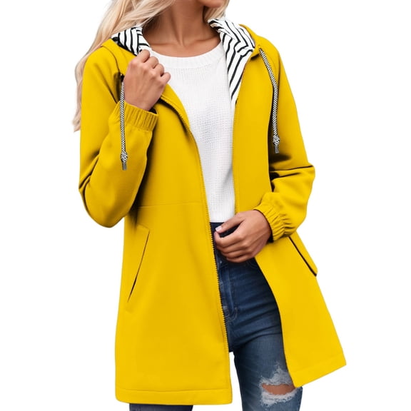 LIIPEE Women Jackets Solid Color Lightweight Long Sleeve Striped Hooded Hiking Windbreaker Jacket With Pockets Woman Elegant Birthday Wedding Weekend Jacket,Yellow,L