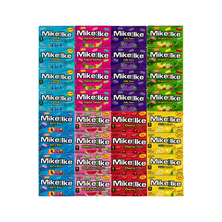 Variety Pack Mike and Ike Candy, 4 Each Sour Blue Raspberry, Jolly Joes, Tropical Typhoon, Original Fruits, Berry Blast, Cherry, Sour Watermelon, Sour Lemon, 0.78 oz Snack Size, 32 Pack