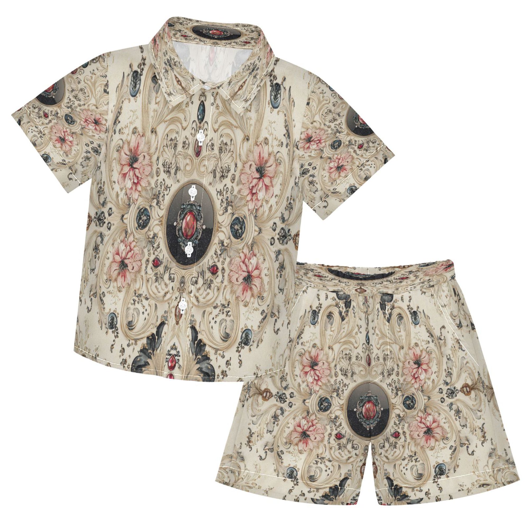 YAZAOO Button-Down Shirts Summer Shorts Sets Fashion Ornate Floral and Jewel Pattern Casual Set