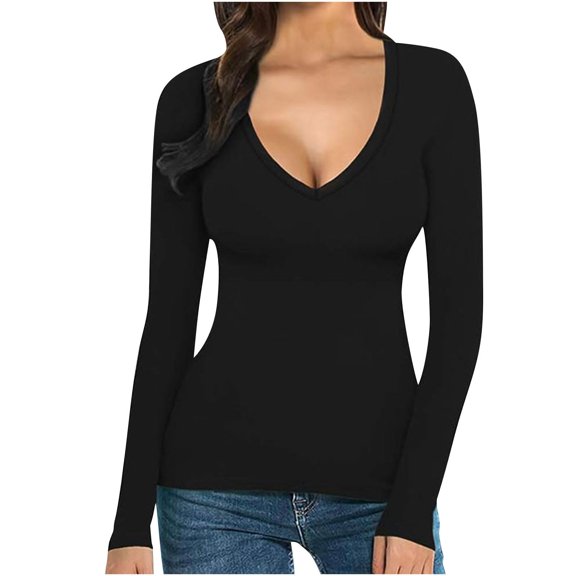 Sexy Tops for Women Casual Deep V Neck Shirts Long Sleeve Spring 2026 Tunic Dressy Slim Fit Soft Comfy Blouses Dressy Lightweight Comfy Outfits Going Out Tops Ladies Fashion Trendy