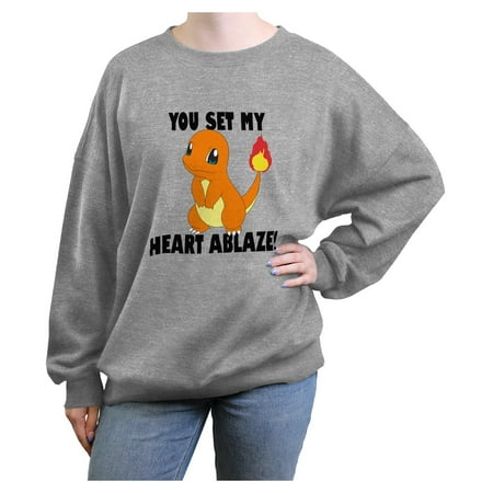 Junior's Pokemon Charmander You Set My Heart Ablaze Quote Sweatshirt