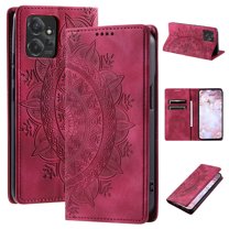 SaniMore for Motorola Moto G Power 5G 2024 Case, PU Leather Embosed Mandala Flower Wallet Protective Phone Cover Card Slots Pocket Purse Women Men Kickstand Vintage Shockproof Anti-fall Shell, Red