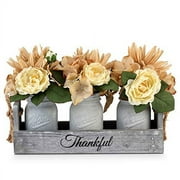 BeSuerte Farmhouse Mason Jar Centerpieces, Rustic Country Home Table Decor with 3 White Painted Mason Jars,Rose Bouquet Flowers for Dining Room,Living Room,Kitchen,Coffee Table,Utensils Holder