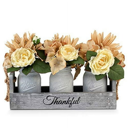 BeSuerte Farmhouse Mason Jar Centerpieces, Rustic Country Home Table Decor with 3 White Painted Mason Jars,Rose Bouquet Flowers for Dining Room,Living Room,Kitchen,Coffee Table,Utensils Holder