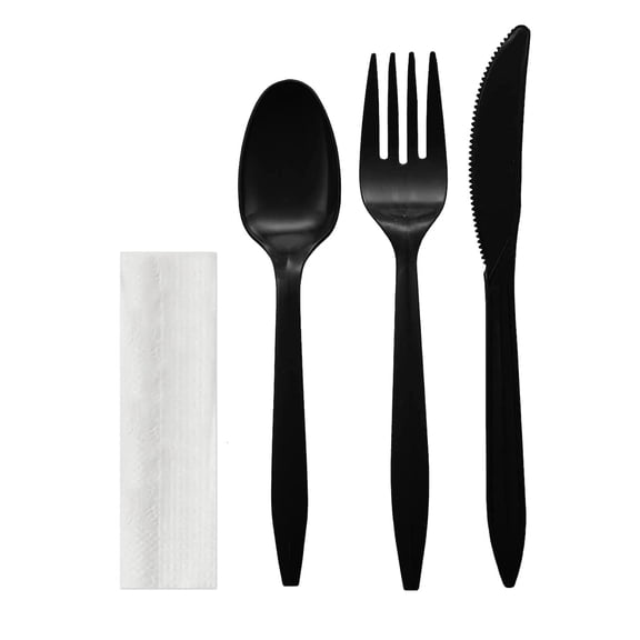 Individually Wrapped Plastic Cutlery Packets, Black Fork/Spoon/Knife/Napkin, 25 Sets