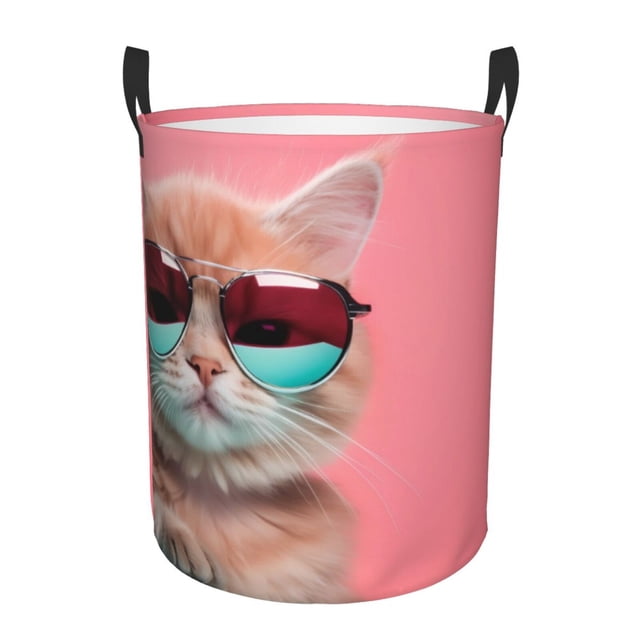 Balery Cool Cat Pink Sunglasses Cesta de ropa redonda con asas, impermeable, independiente, para ropa, juguetes, dormitorio y familia-Small