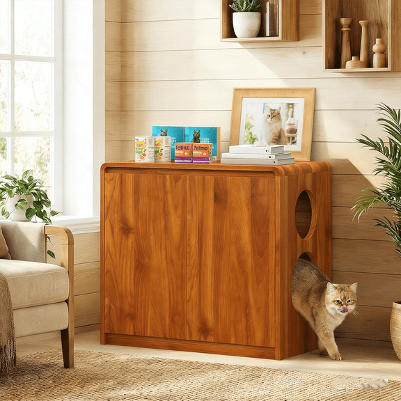 Frmobepts Cat Litter Box Enclosure, Hidden Litter Box Cabinet Furniture, Indoor Cats House, Farmhouse Style, 31.5"W x 17.7"D x 31.5"H, for Hallway, Bedroom,Brown