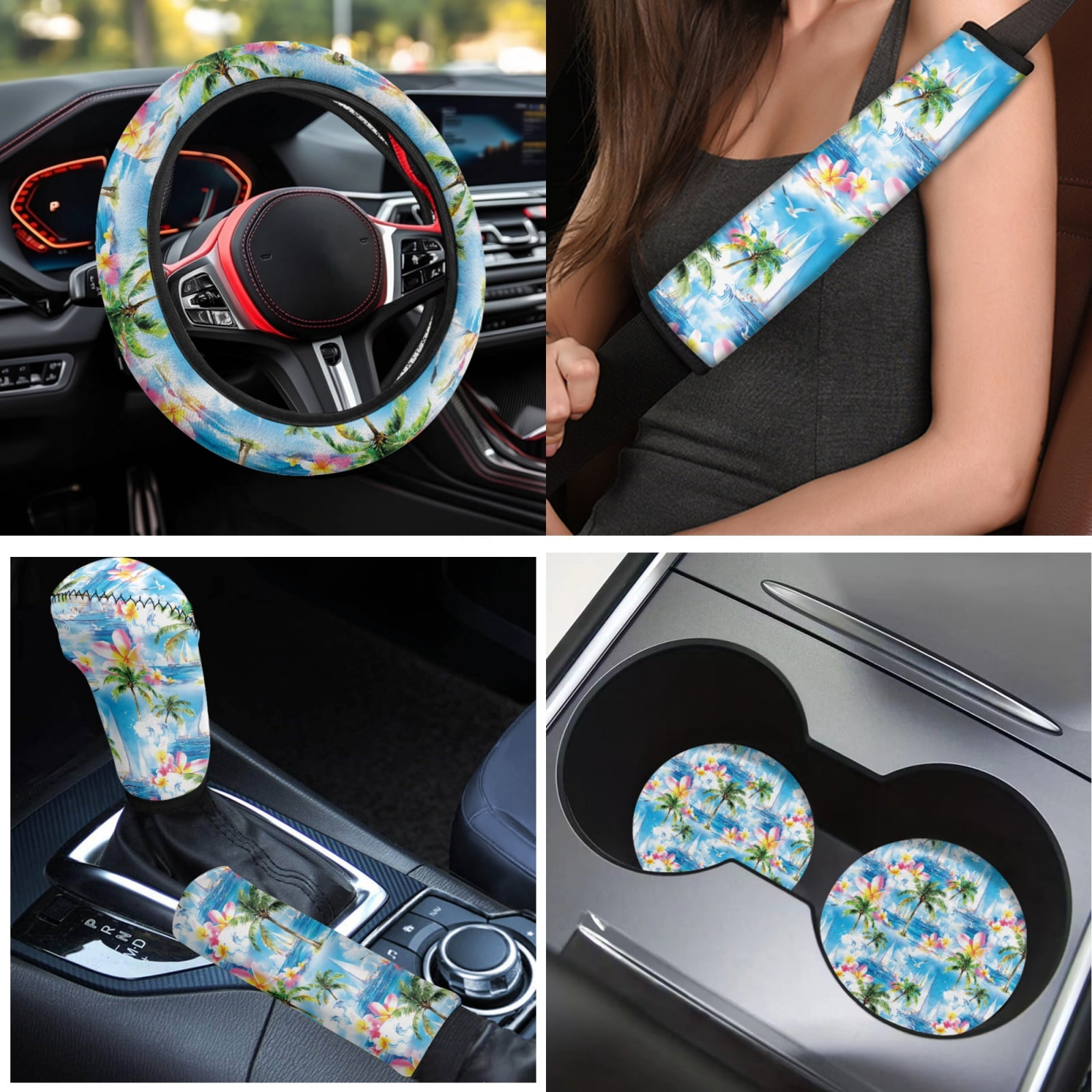 Yuyamidu Coconut Tree Car Seat Cover Full Set Seaside Car Floor Mats Steering Wheel Cover Seat Belt Pad Cover Coasters Handbrake Cover Set Blue Car Decor, 15 Pack