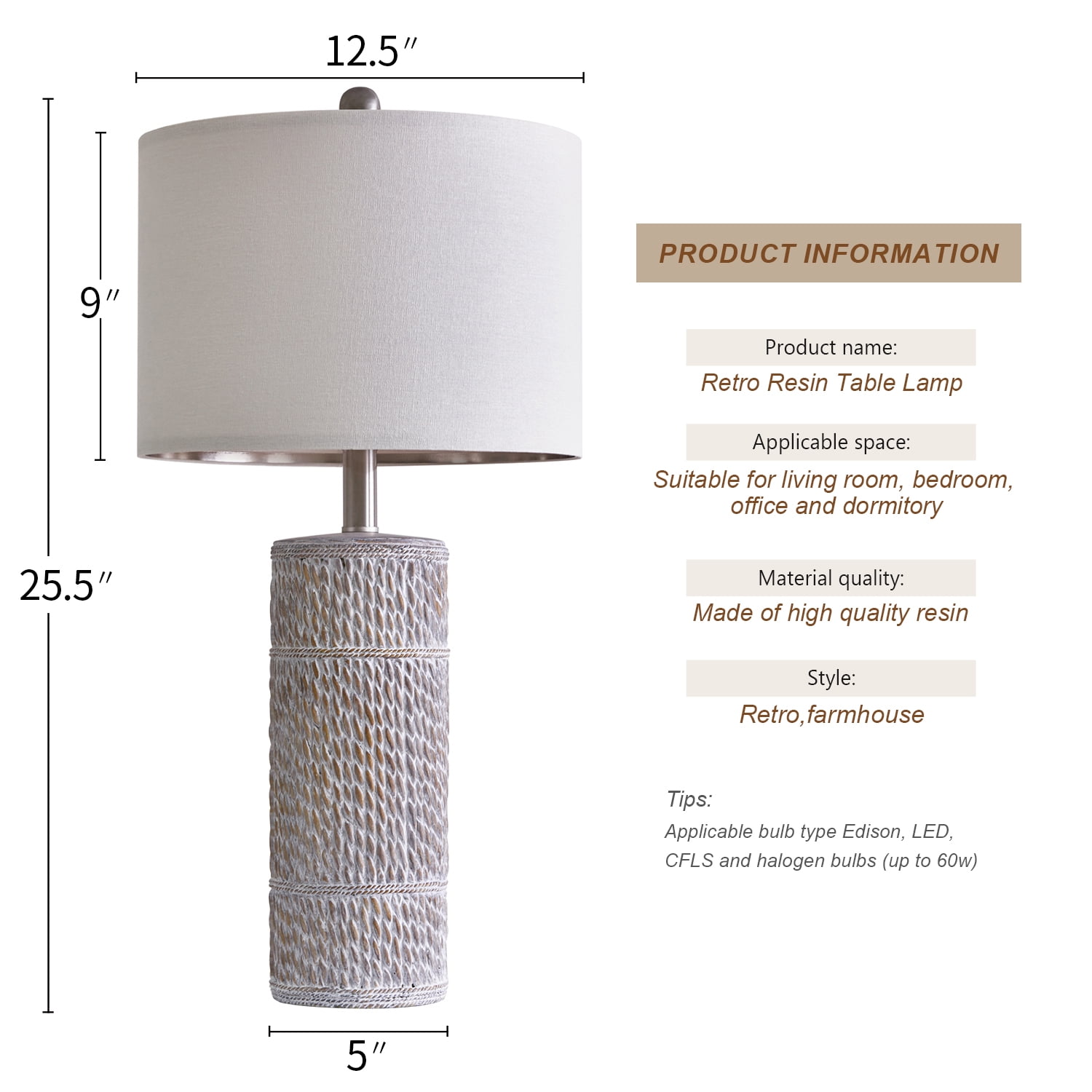 Oneach 25.5" Farmhouse Table Lamp Set of 2 for Bedroom Living Room Bedside Nightstand Lamps Resin Retro