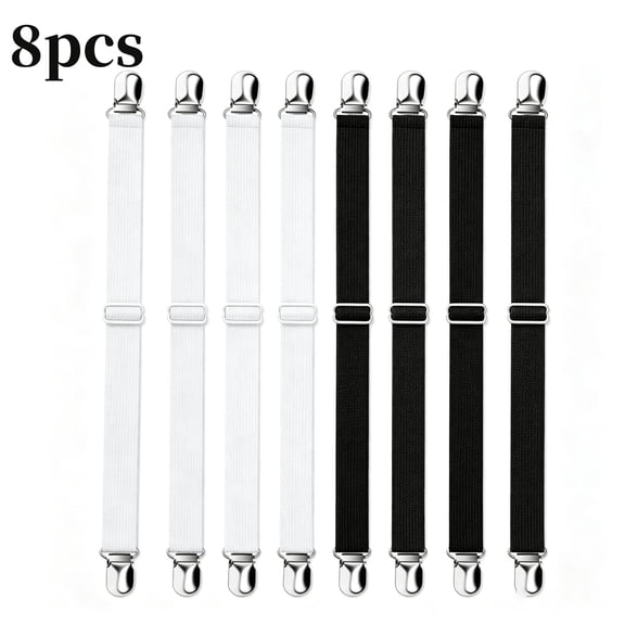 8 PCS Heavy Duty Bed Sheet Clips - Adjustable Elastic Grippers Non-Slip Mattress Holders for Bed Corners, Strong Suspender Fasteners to Keep Sheets in Place (Black White)