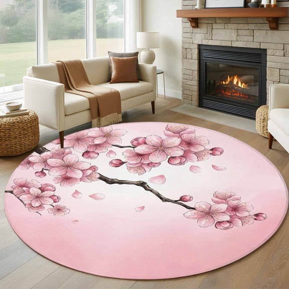 Pink Cherry Flower Round Area Rug 6Ft Washable Circle Rugs for Bathroom Office, Spring Watercolor Blooms Floral Branch Non-Slip Carpet Floor Mats Indoor Outdoor Carpet Runner Aesthetic Home Decor