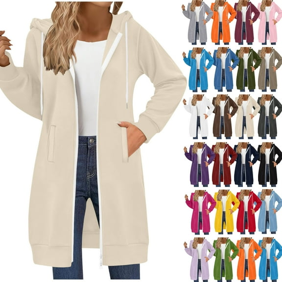Women's Long Hoodies Tunic Winter Jackets Casual Zip up Hoodies Soft Sherpa Sweatshirts Warm Long Coats Beige M