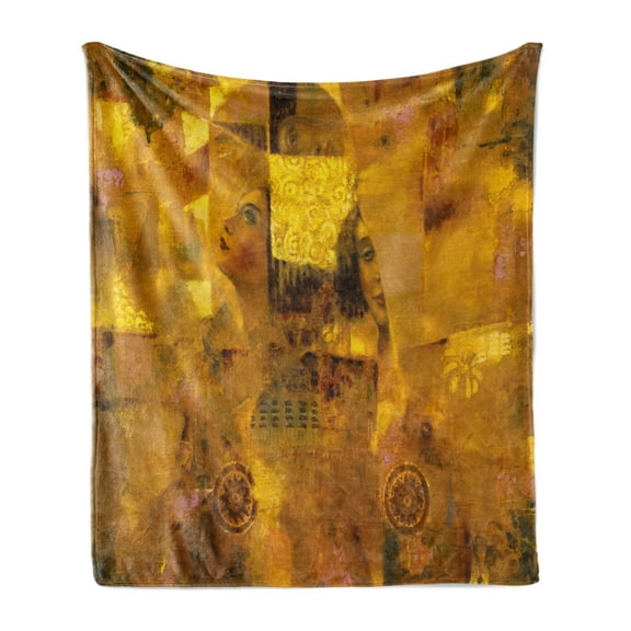 Art Soft Flannel Fleece Blanket, Vintage Woman with Reflection Effects on Drawing Old Fashion Lady Paint Print, Cozy Plush for Indoor and Outdoor Use, 70" x 90", Ginger Earth Yellow, by Ambesonne