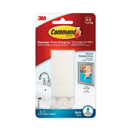 

2PK Command Bath Picture Hanging Strips Large Removable Holds Up to 4 lbs per Pair 0.75 x 3.65 White 4 Pairs/Pack (17206BES)