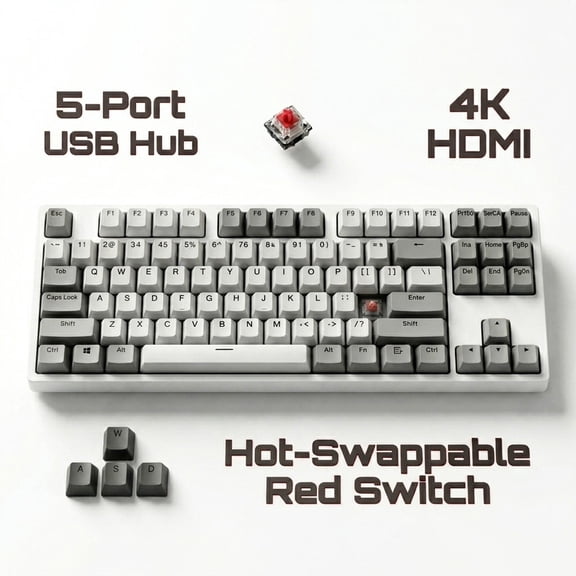 Wired 87 Keys Mechanical Keyboard with 5-Port USB Hub, Hot Swappable Gaming Keyboard, 4K HDMI, Red Switch Computer Keyboard for Mac Windows