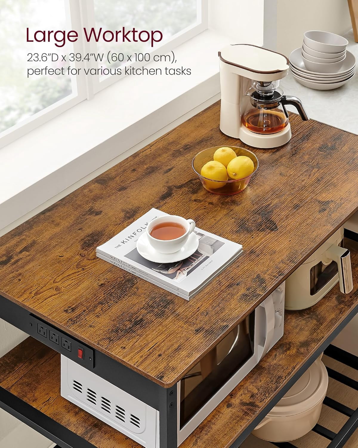 Kitchen Island with 3 Shelves, 39.4 Inches Width Kitchen Shelf with Power Strip, Large Worktop, Stable Steel Structure, Industrial, Easy to Assemble
