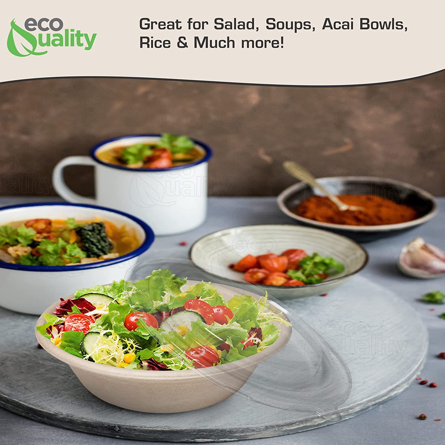 [25 Pack] 32 oz Round Disposable Compostable Paper Bowls with Dome Lids Heavy-Duty, Eco-Friendly Natural Bagasse Unbleached, Heat Resistant, 100% Salad Bowls Alternative to Plastic