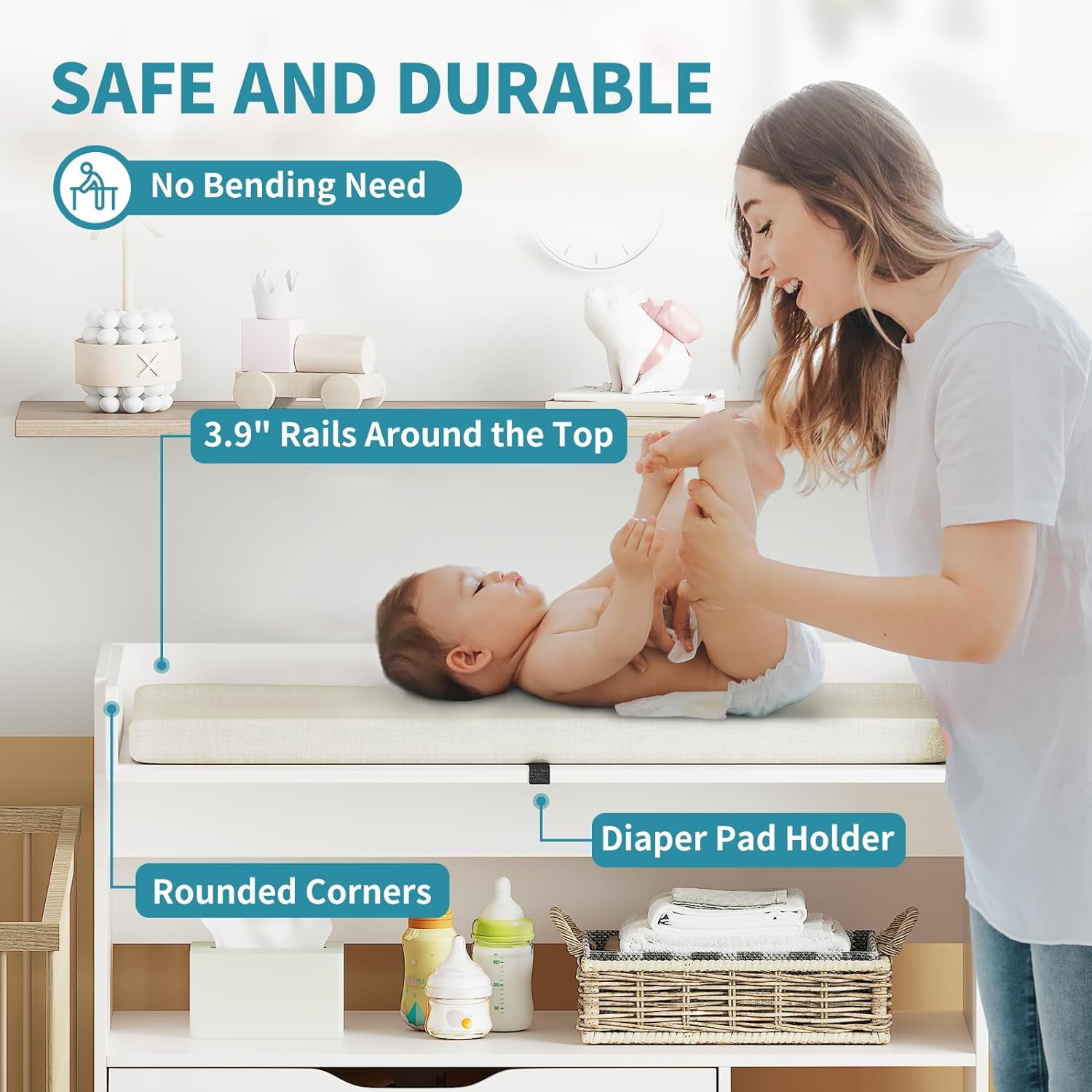 Linor Baby Changing Table Dresser with 3 Drawers and 3 Storage Shelves, Can be Used as a Baby Dresser with Changing Table Top, a Baby Changing Station, a Wood Diaper Changing Station (White)