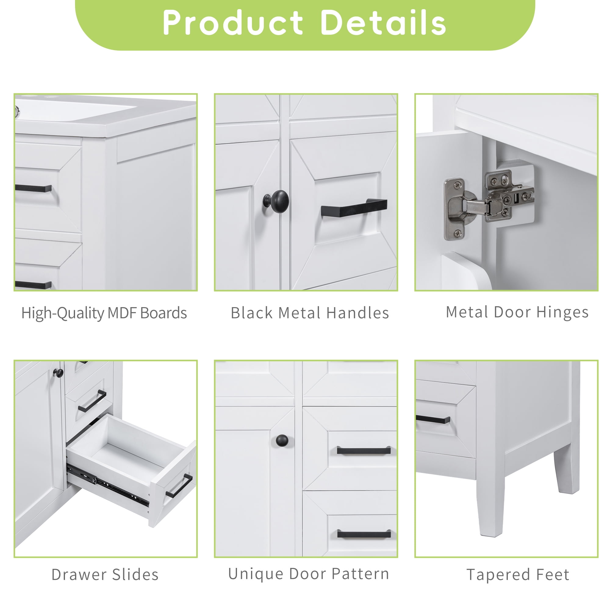 Euroco 30" Bathroom Vanity without Sink, Cabinet Base Only, Bathroom Cabinet with Drawers, Solid Frame and MDF Board, White