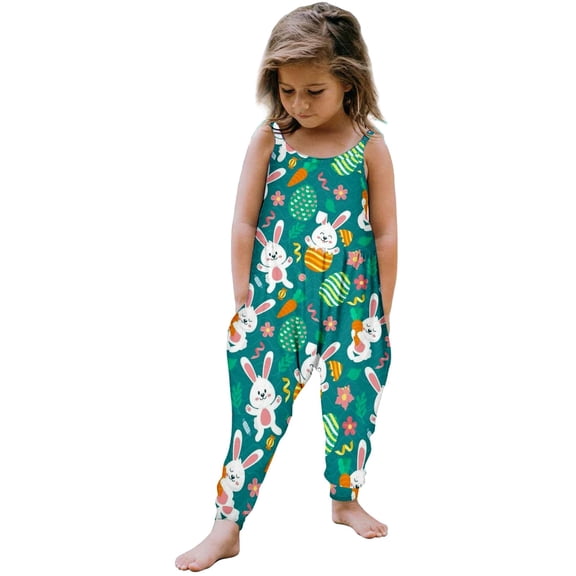 Ruyang Toddler Girl Easter Romper Baby Floral Suspender Pants Cute Bunny Print Jumpsuit Summer Playsuit with Pockets