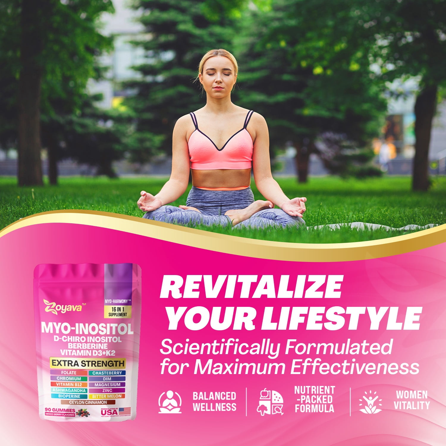 Myo-Inositol Gummies, D-Chiro Inositol, Berberine, Vitamin B12 D3 K2, Folate, Chromium, Chasteberry, Ceylon Cinnamon, Bitter Melon, Ashwagandha, Zinc, Magnesium, DIM Bioperine,Mixed Berry, 90 Gummies