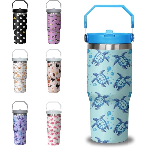 30 oz Blue Sea Turtle Tumbler with Handle and Flip Straw, Stainless Steel Insulated Cup with Lid and Straw, Travel Coffee Mug Water Bottle,Christmas Birthday Mothers Day Gifts for Women Animal Lovers