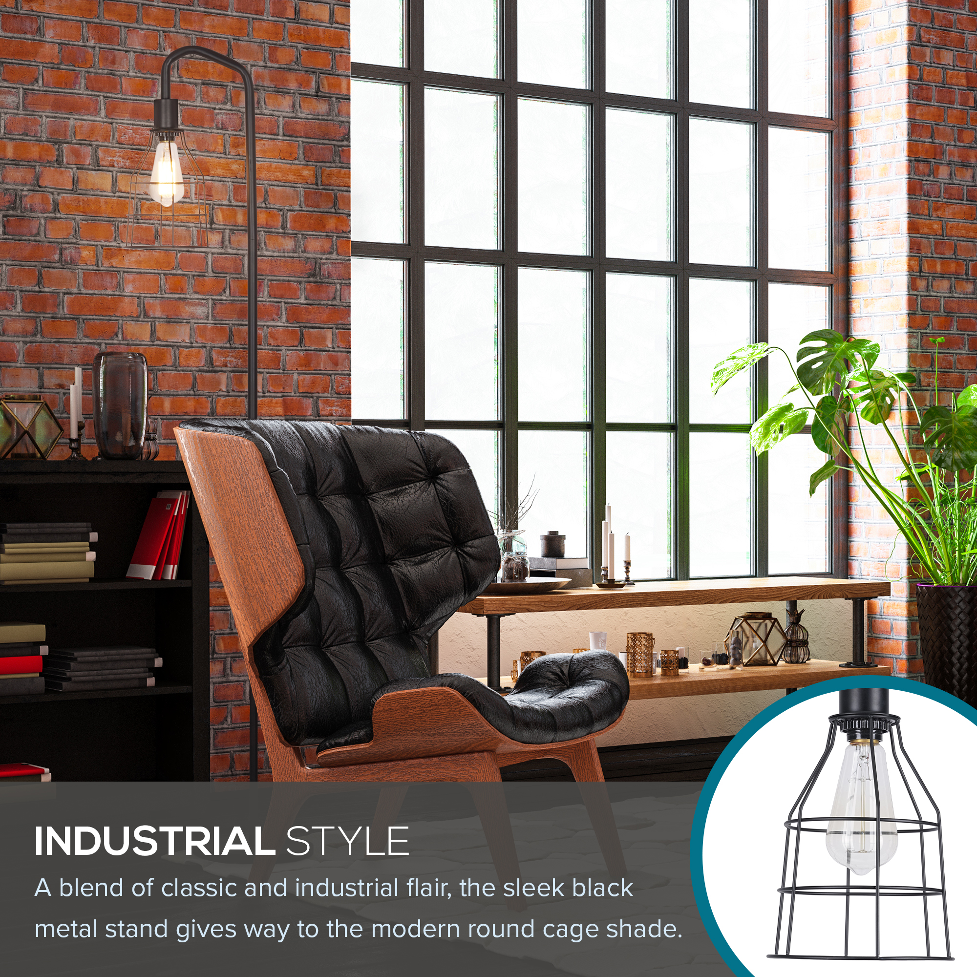Catalina Lighting Lowell 60'' Floor Lamp with Black Metal Dome Shade Industrial Floor Light Fixture for Living Room, Bedroom, or Office, Black