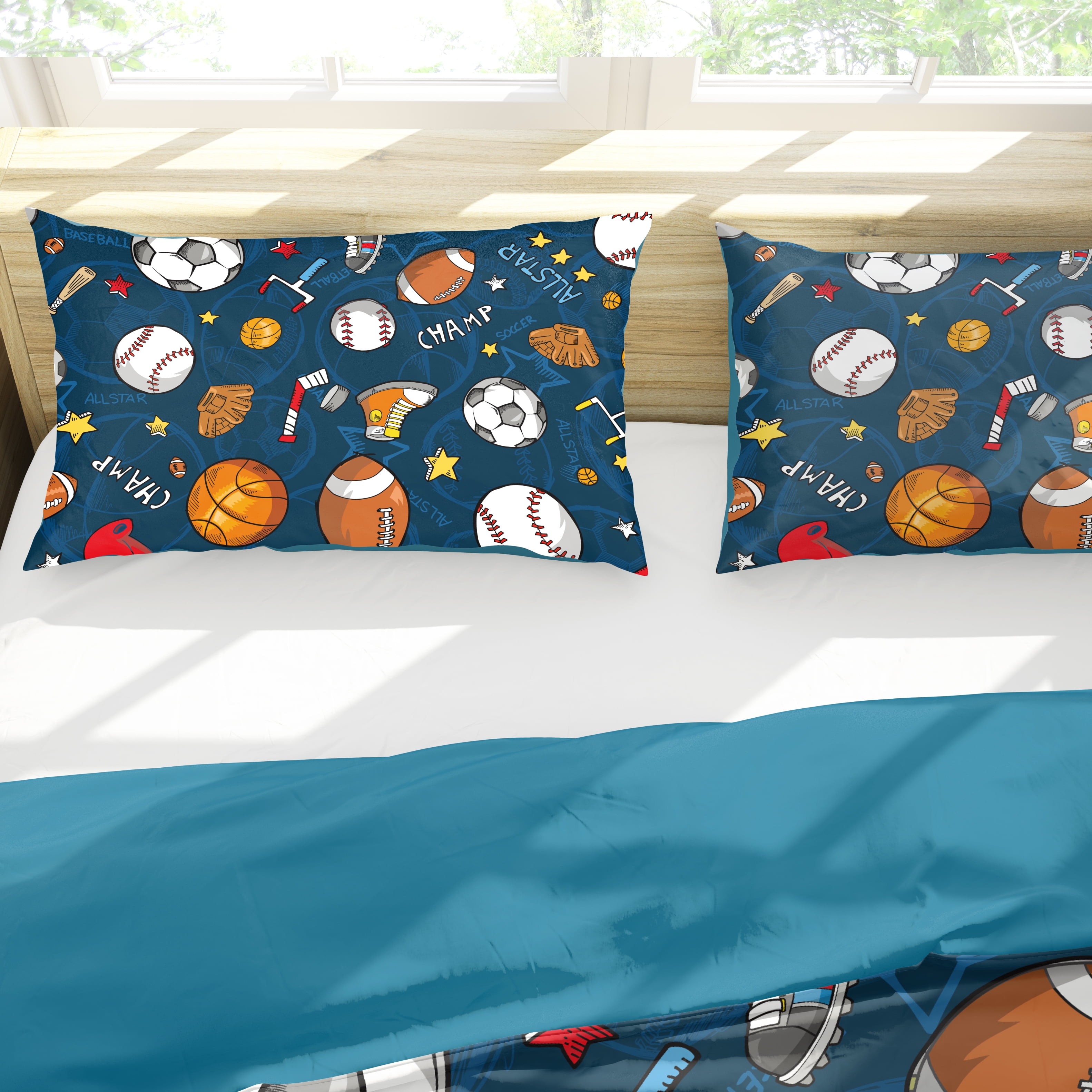 Queen Sports Comforter Set Navy Ball Bedding Sets for Boys Girls Kids Teen 3D Soccer Basketball Baseball Football Design 5Pcs Bed in A Bag