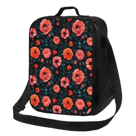 Dark Floral Lunch Bag Insulated Thermal Lunch Box with Shoulder Strap & Handle for Women and Men