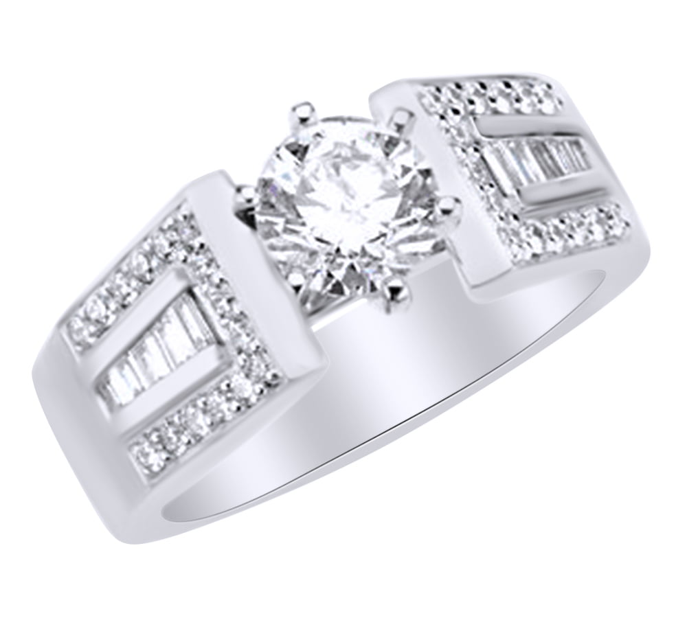 White Natural Diamond Baguette Accented Engagement Solitaire Ring in ...