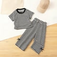 thumbnail image 2 of GobdXE Toddler Girls Striped Ribbed Outfit, Short Sleeve Top and Wide Leg Pants 2 Piece Summer Casual Set Color:Black,Size:4-5 Years, 2 of 8