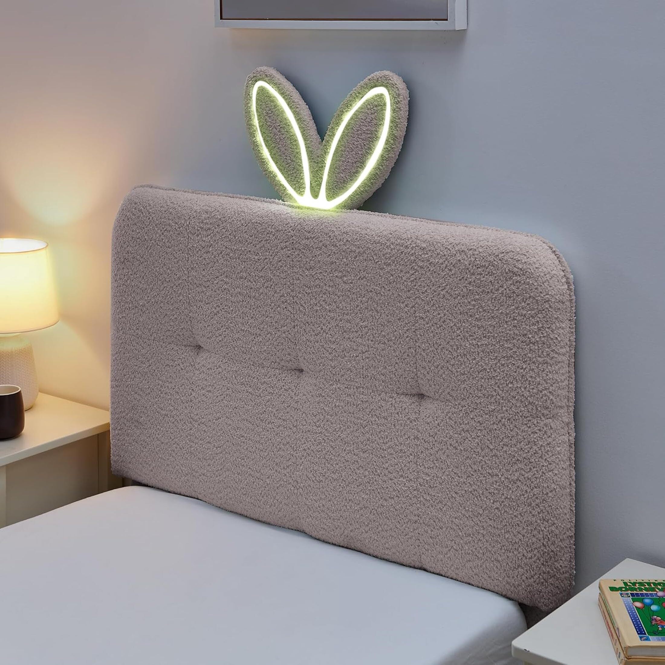 Aisword Twin Upholstered Bed Frame with 4 Storage Drawers & Rabbit Ear LED Headboard, No Box Spring Needed, Wooden Slats Support, Pink