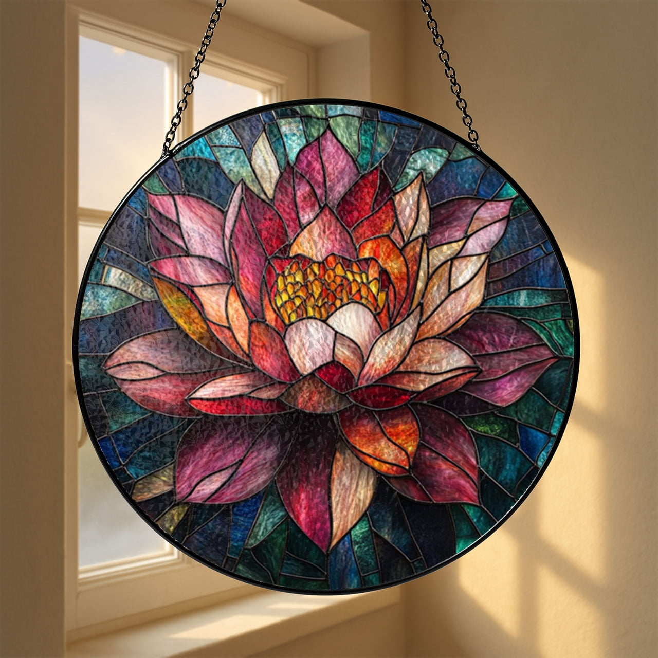 Geometric Floral Faux Stained Glass Style Round Window Hanging