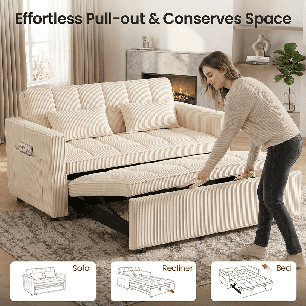 Howcool Sleeper Sofa Bed, Pull Out Couch, 3-in-1 Convertible Loveseat Sofa with Adjustable Backrest, Corduroy Couch for Living Room, Apartment & Small Space, Beige