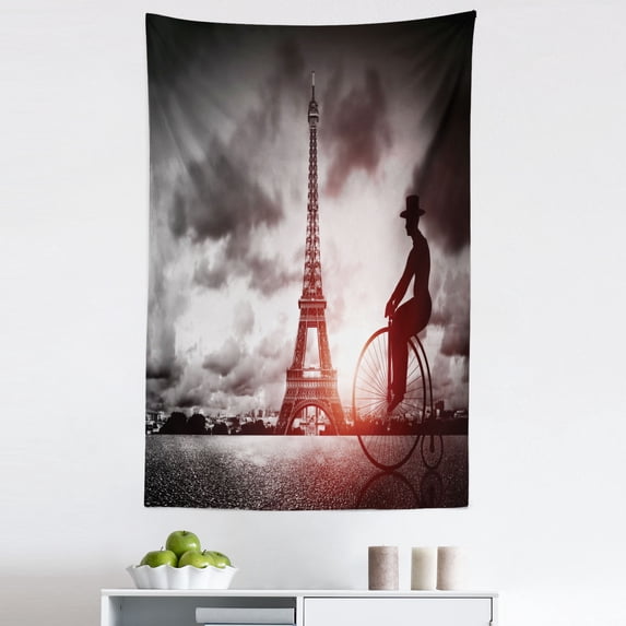 Eiffel Tower Tapestry, Man on Retro Bicycle Next to Eiffel Tower Paris France Dramatic Sky Sun, Fabric Wall Hanging Decor for Bedroom Living Room Dorm, 5 Sizes, Grey Pink Black, by Ambesonne