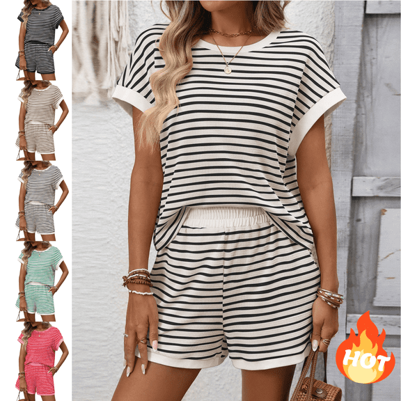 Mifsaly Short Sets Women 2 Piece Outfits Striped Matching Lounge Outfits Sleeve Crewneck T-Shirt and High Waisted Shorts 2026 S