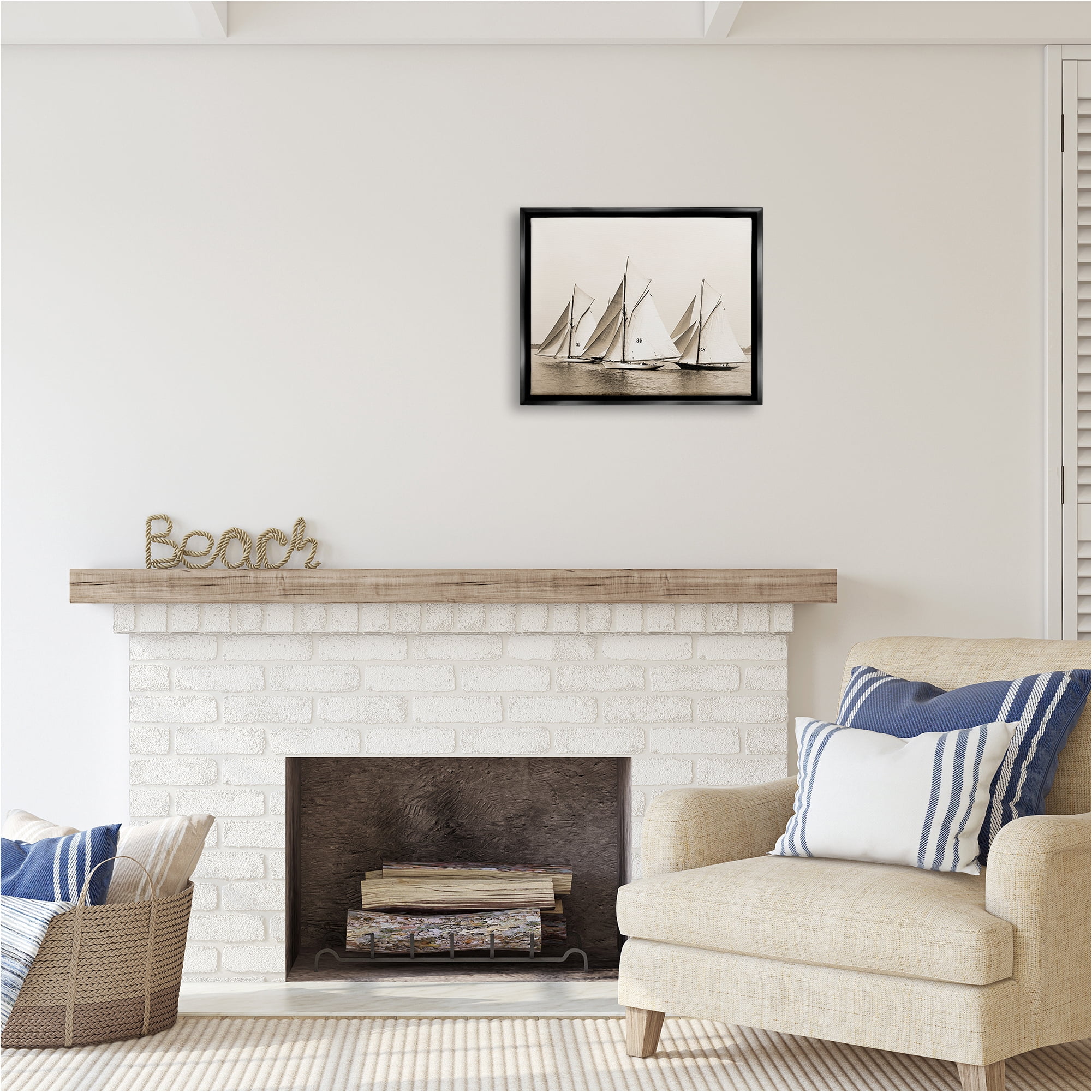 Stupell Industries Vintage Sailboat Fleet Transportation Photography Black Floater Framed Canvas Art Print Wall Art, 21 x 17