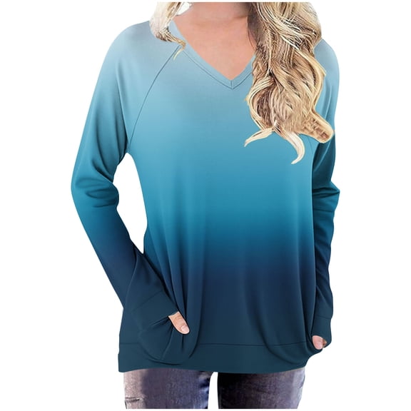 T Shirts for Women Raglan Long Sleeve V Neck Basic Tee Gradient Print Casual Loose Fit Soft Fall Tops with Pockets